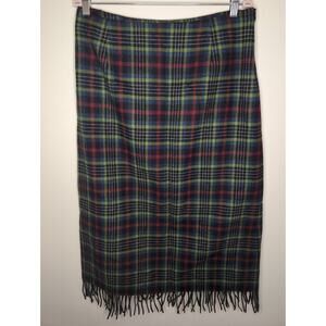 Pendleton 100% virgin wool dark tartan plaid fringe long skirt 14